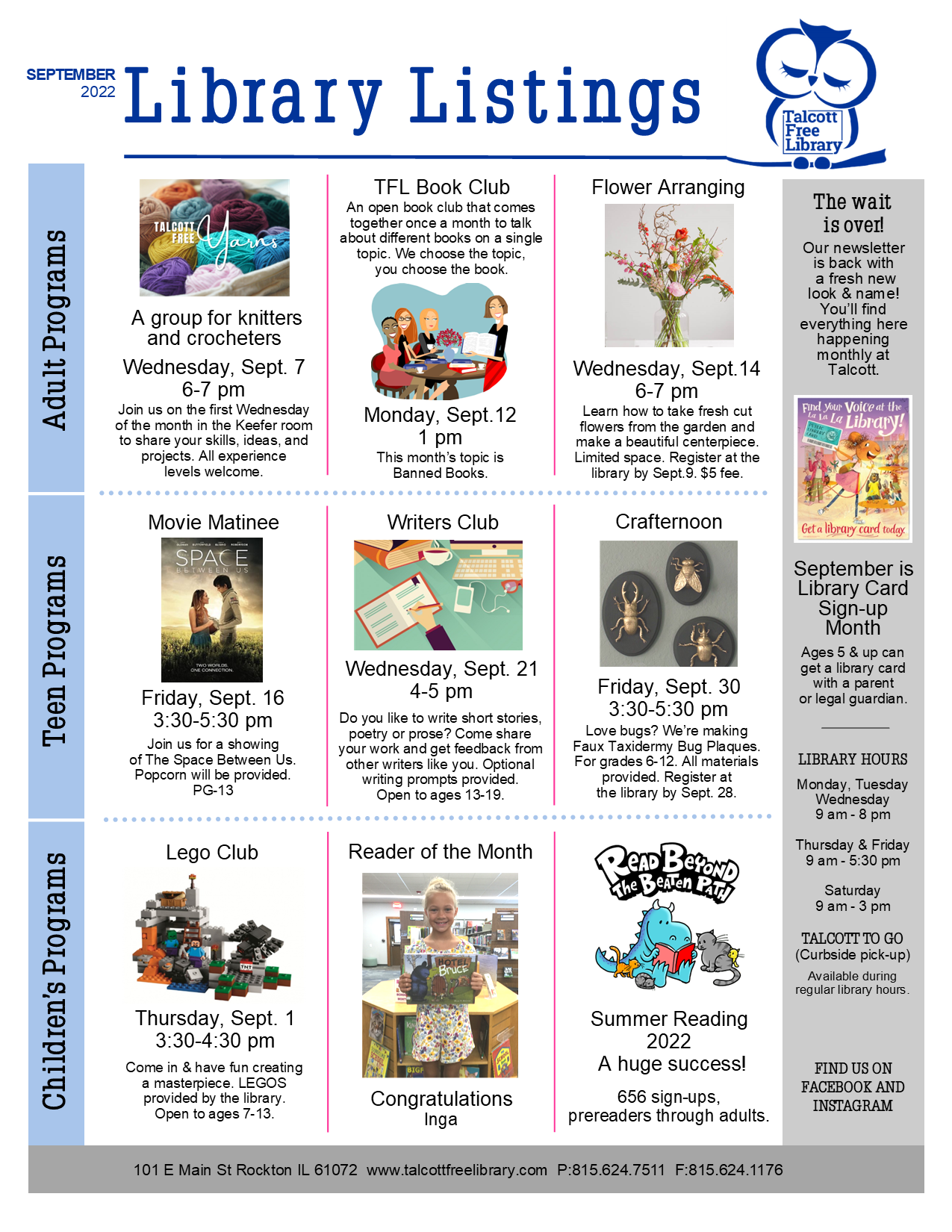 What’s Happening this month, September Listings Talcott Library