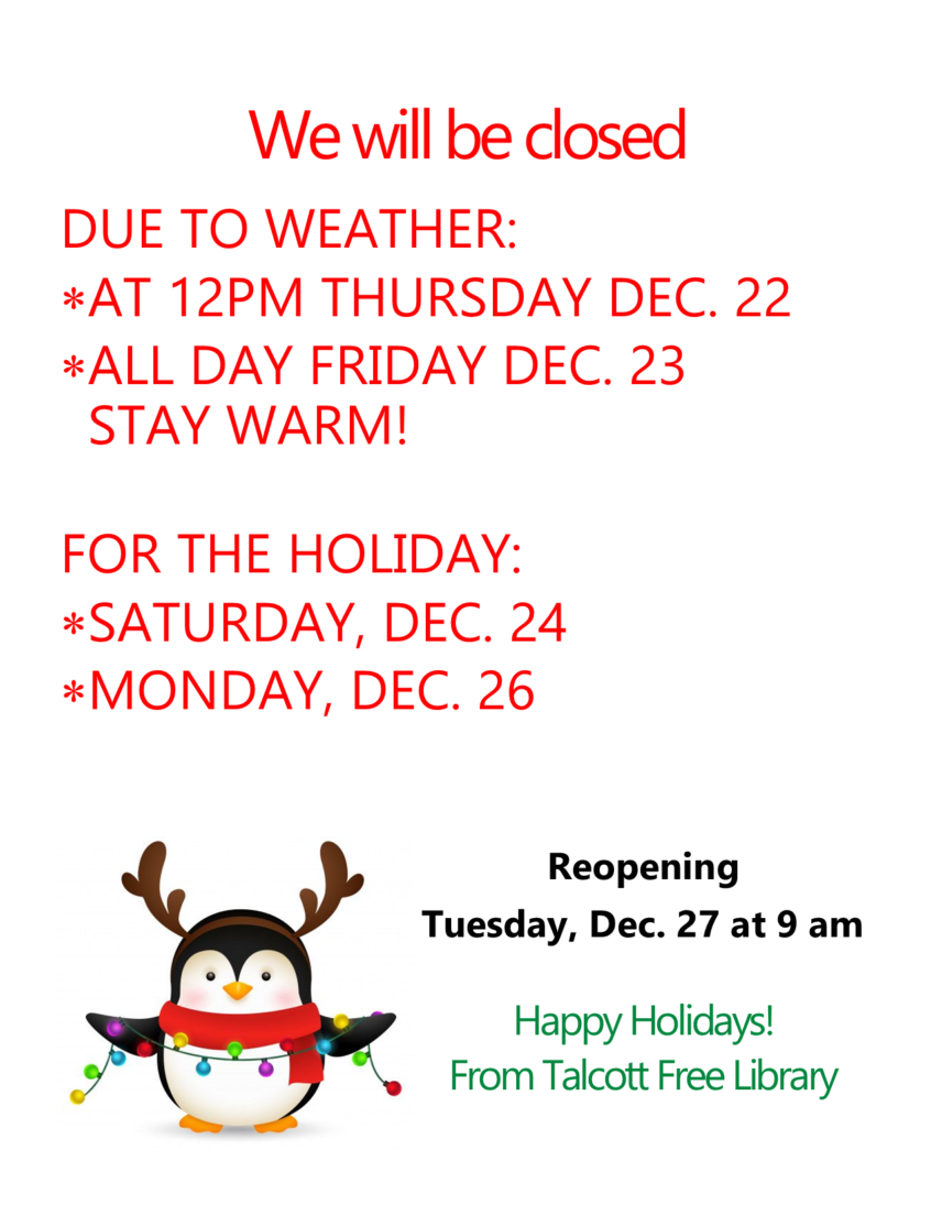 Text of closing dates with image of penguin with antlers and twinkle lights