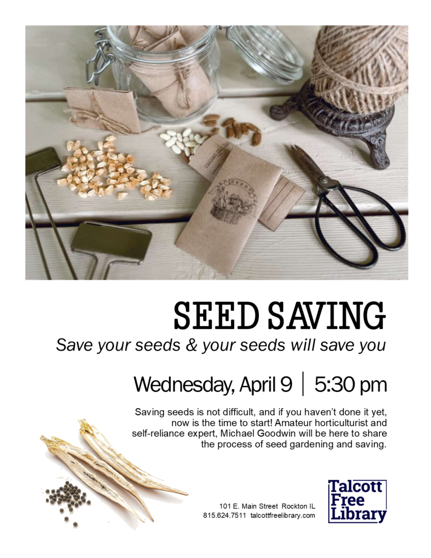 Image of seeds and packets and other gardening supplies. Text below image repeated in caption.
