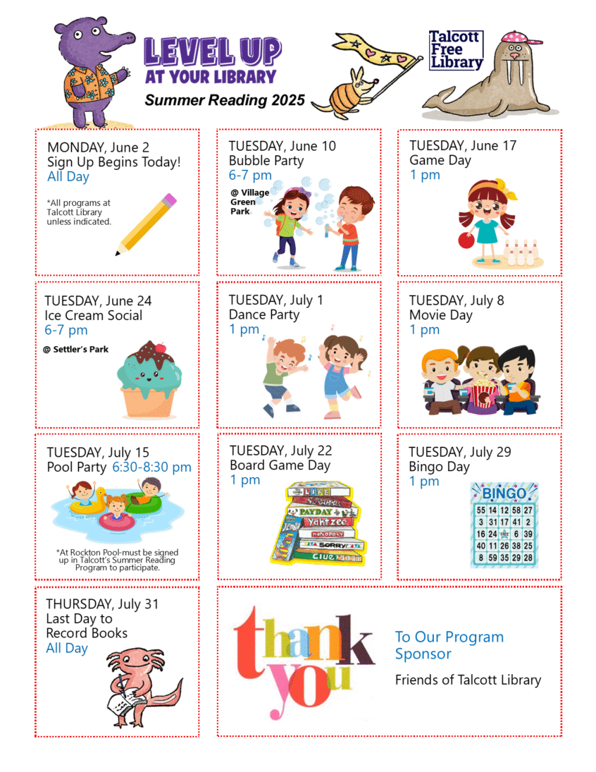 Individual squares with different cartoon images with text depicting events happening over the summer. Text in caption.