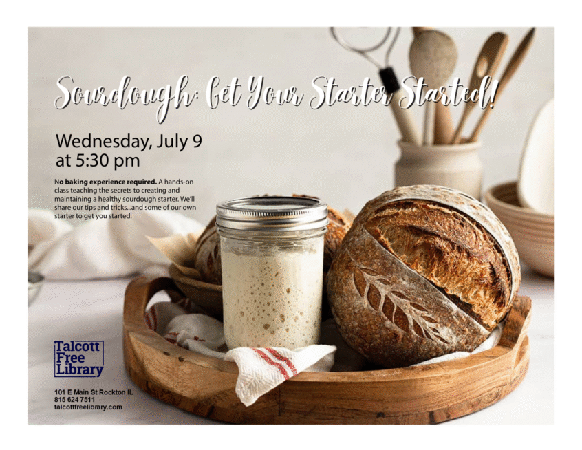 Image of bread loaf and full mason jar on a wooden tray with a jar of wooden kitchen spoons and spatulas in the background. Text copied in caption below.