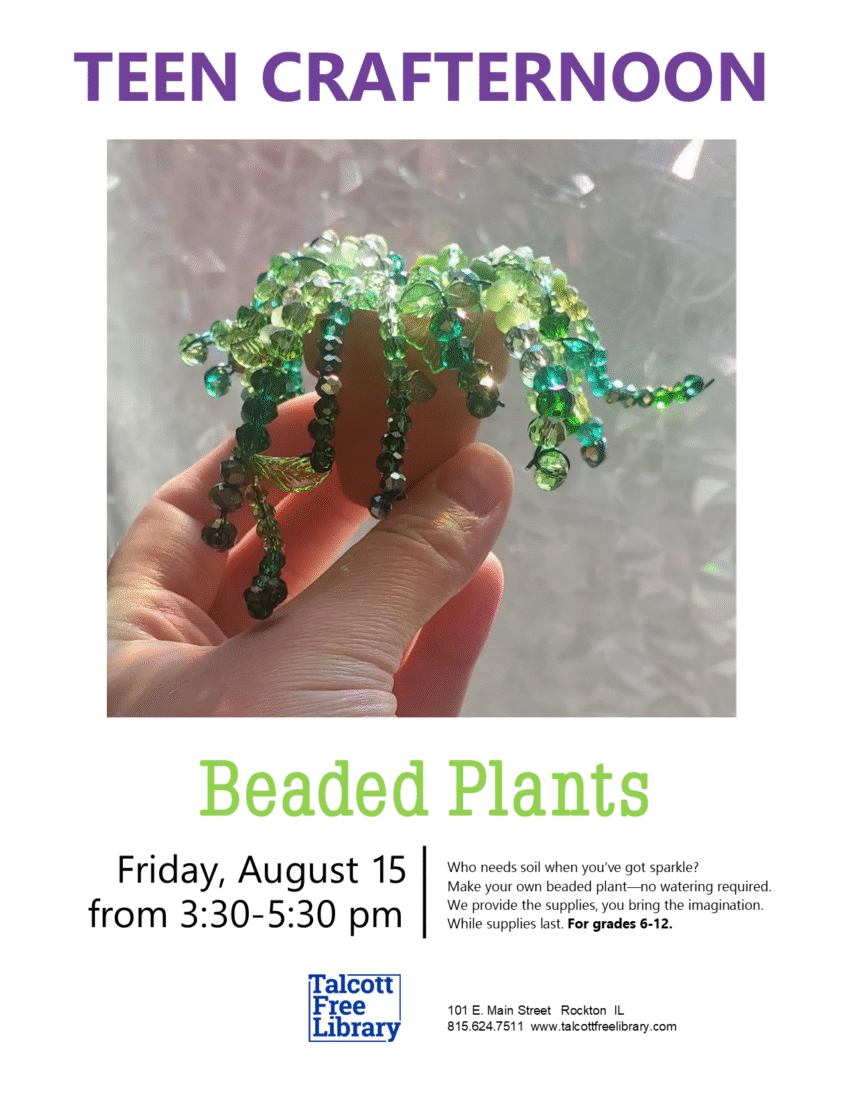 Picture of a beaded plant with green beads in a pot. Text copied in caption below.