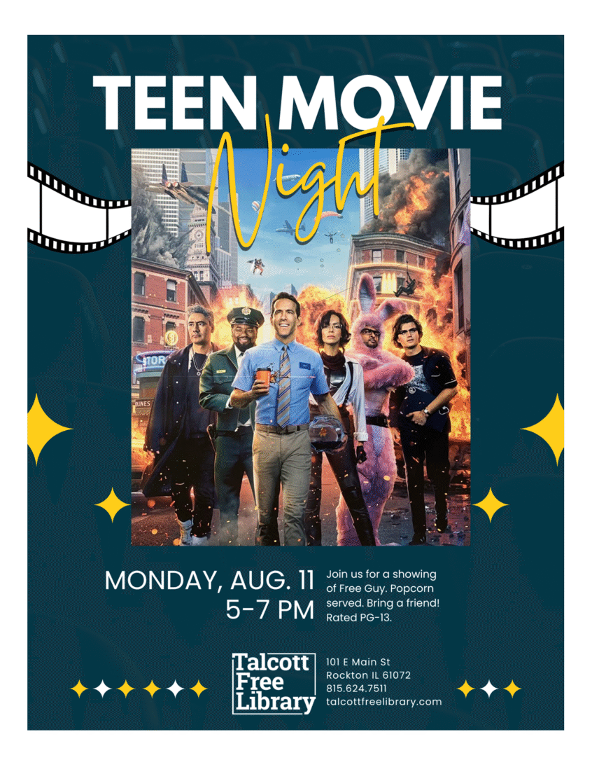 Teen Movie Night over the image of poster of the movie Free Guy with text copied in caption.