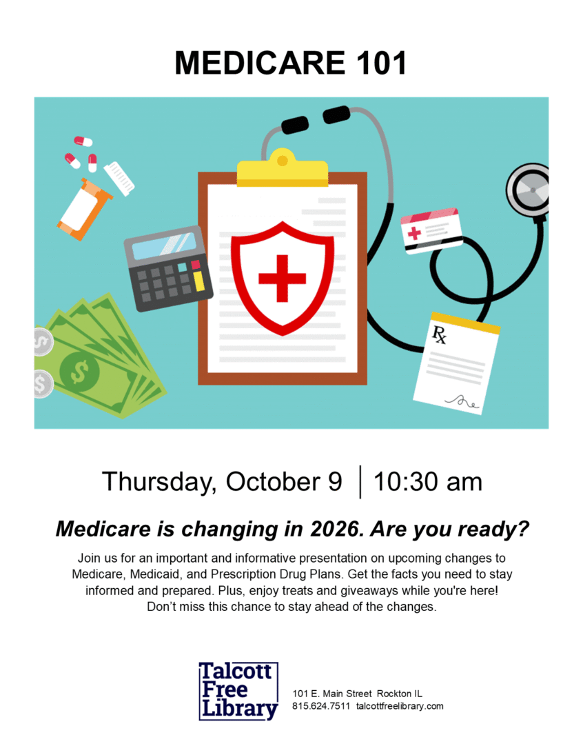 A cartoon image of prescription pills, calculator, money, clipboard, stethoscope, RX script, and an insurance card against a blue background. Text copied in caption below.