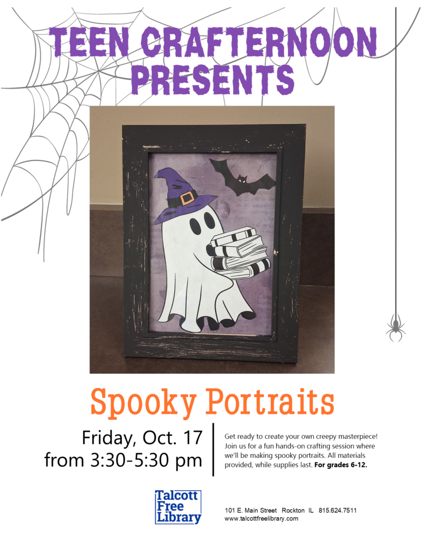 Picture of a cartoon ghost in a witches hat carrying a stack of book with a bat in the corner surrounded by a black frame. Text copied in caption below.