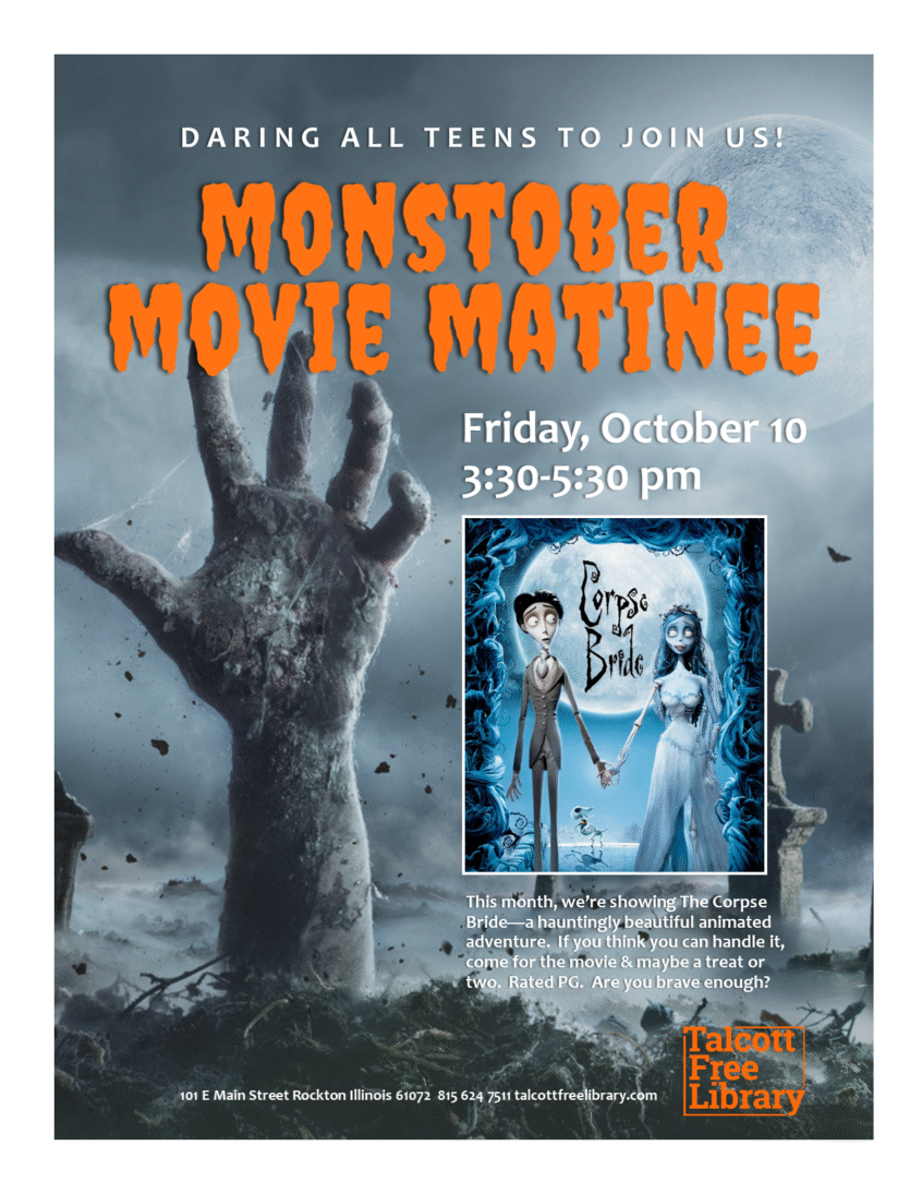 Teen Movie Night over the image of poster of the movie The Corpse Bride with text copied in caption.