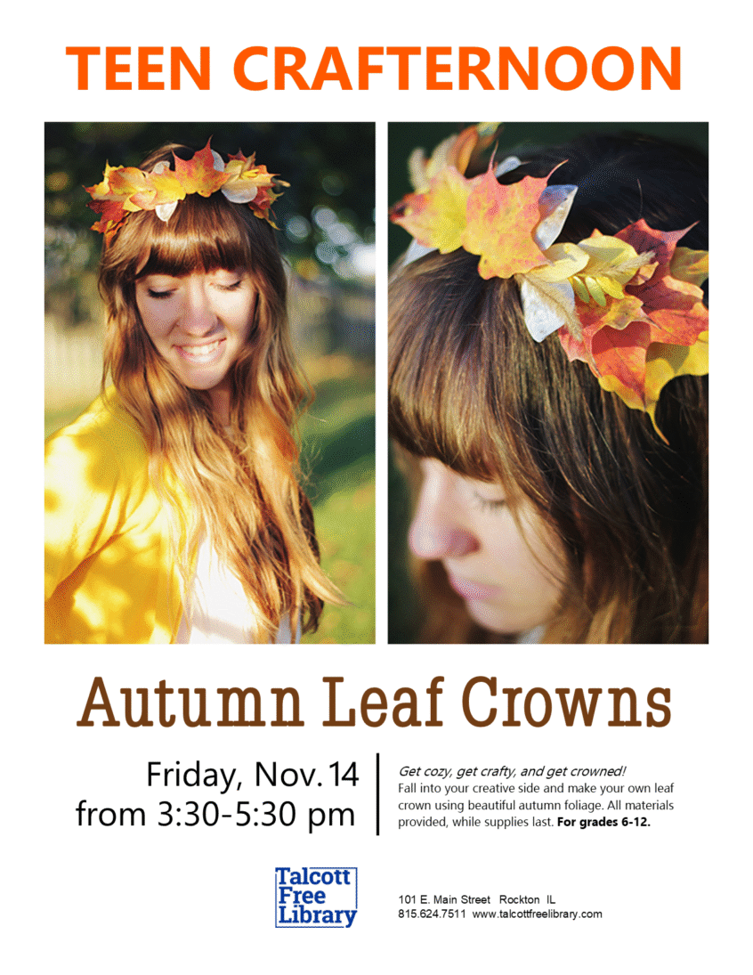 A photo of a woman wearing a fall leaf crown against a white background. Text copied in caption below.