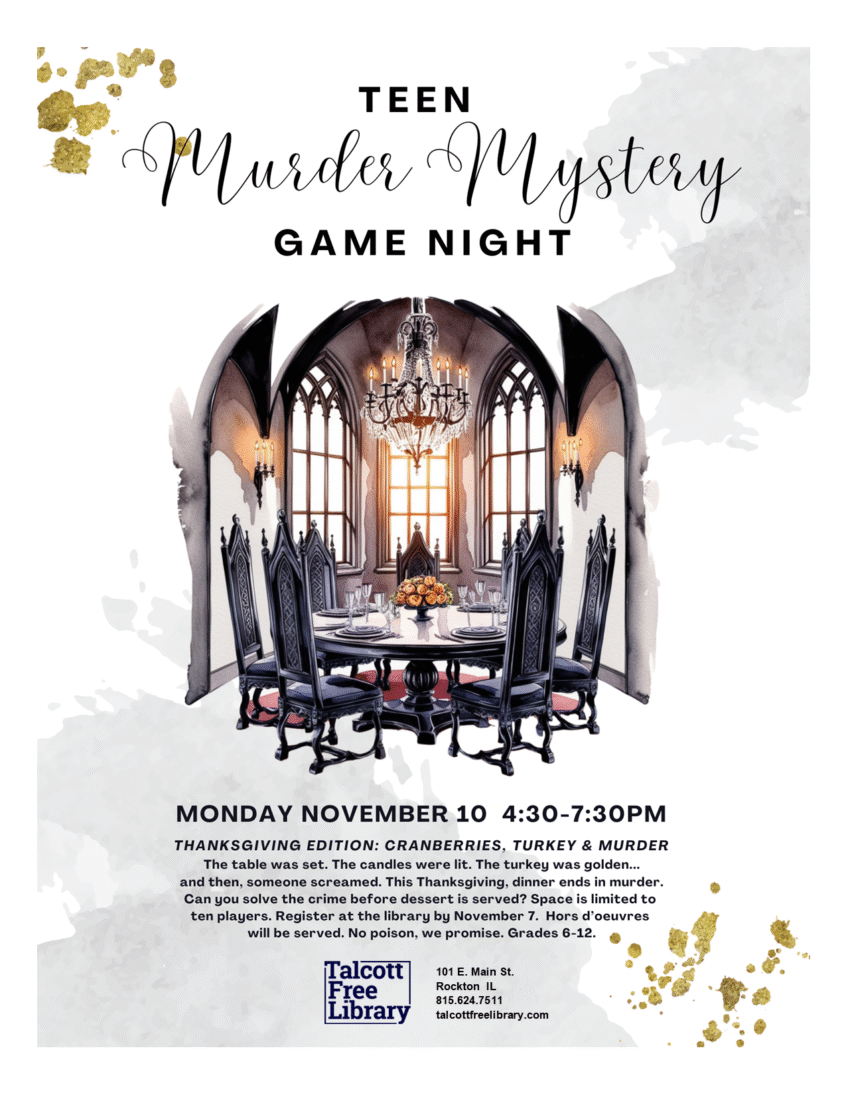 An image of a gothic style table and chairs in a spooky dining room. Text copied in caption below