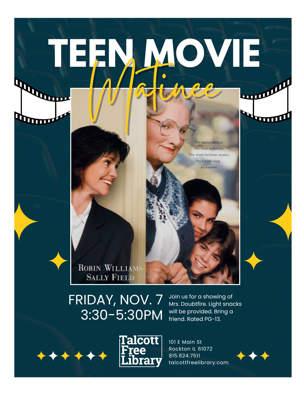 Teen Movie Night over the image of poster of the movie Mrs. Doubtfire. Text copied in caption.