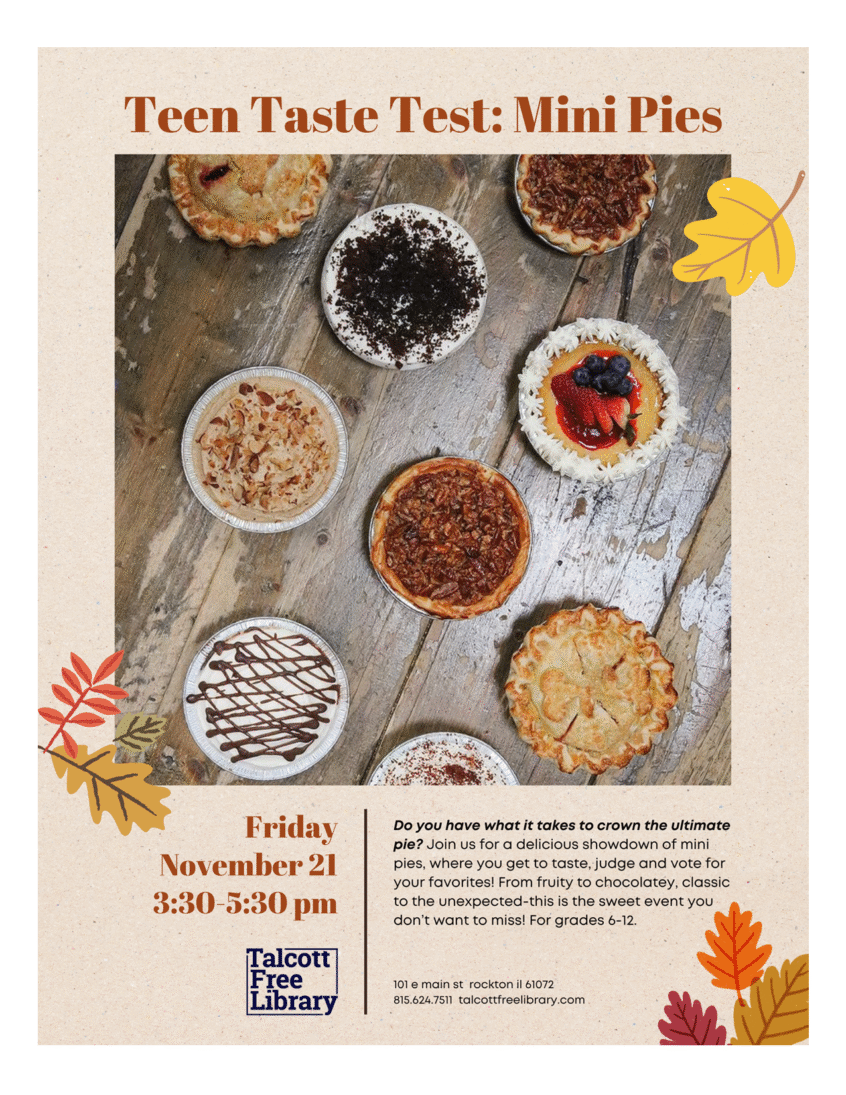 A photo with various mini pies on a wooden table with autumn leaves. Text copied in caption below.