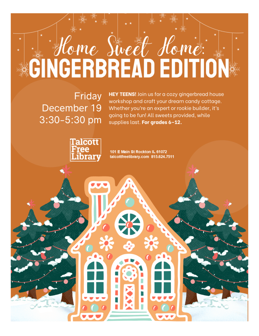 A cartoon image of a decorated gingerbread house and evergreen trees against and orange background. Text copied in caption below.