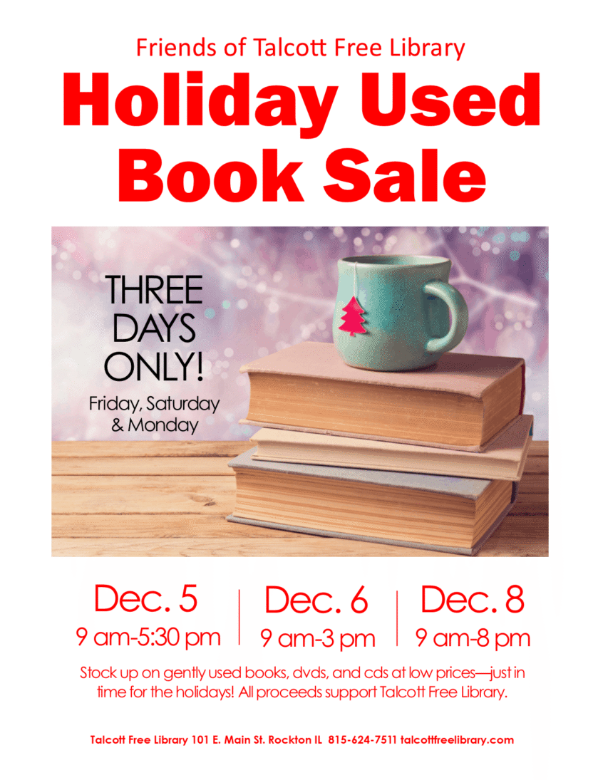 An image of a green mug on a stack of books with Friends of Talcott Library, Holiday Used Book Sale in red text against a white background. Text copied in caption below