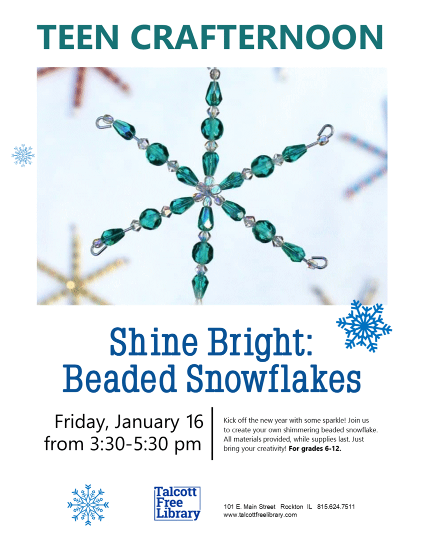 A photo of a snowflake made out of blue beads. Text copied in caption below.