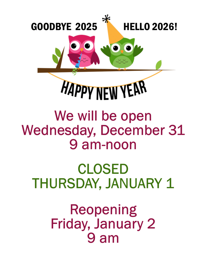 An image of a pink and green owl with the text 