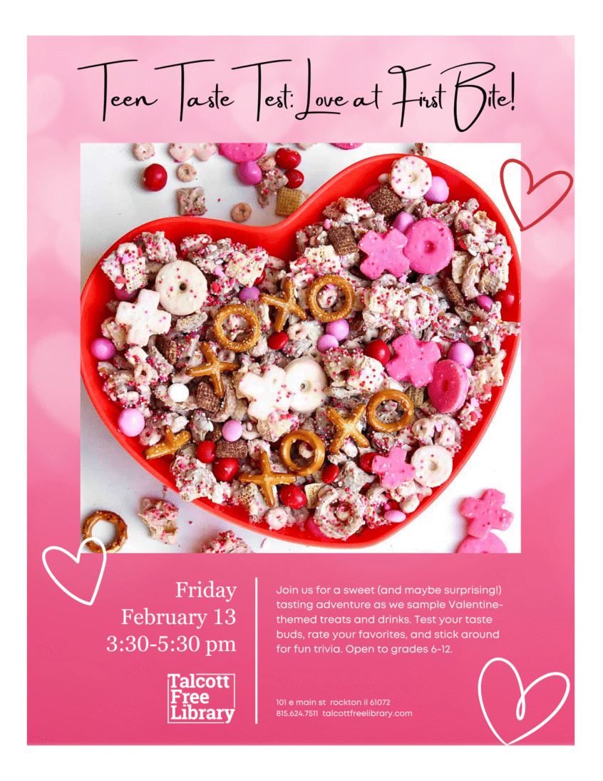An image of Valentine's Day theme pretzels and cookies in a red heart shaped bowl with drawn hearts on a pink background. Text copied in caption below.