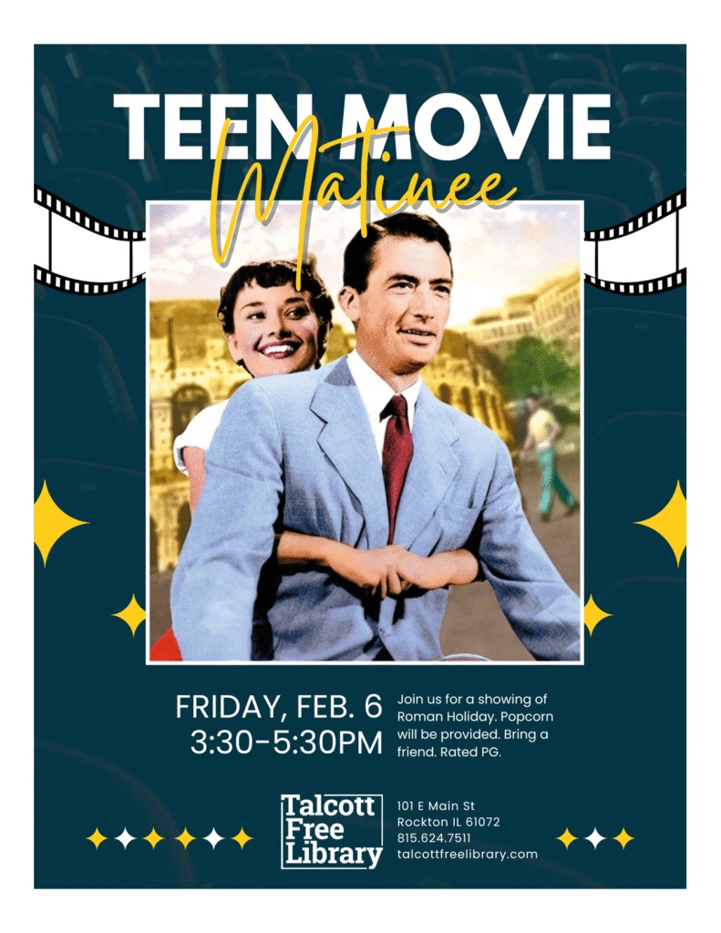 Teen Movie Night over the image of poster of the movie Roman Holiday. Text copied in caption.