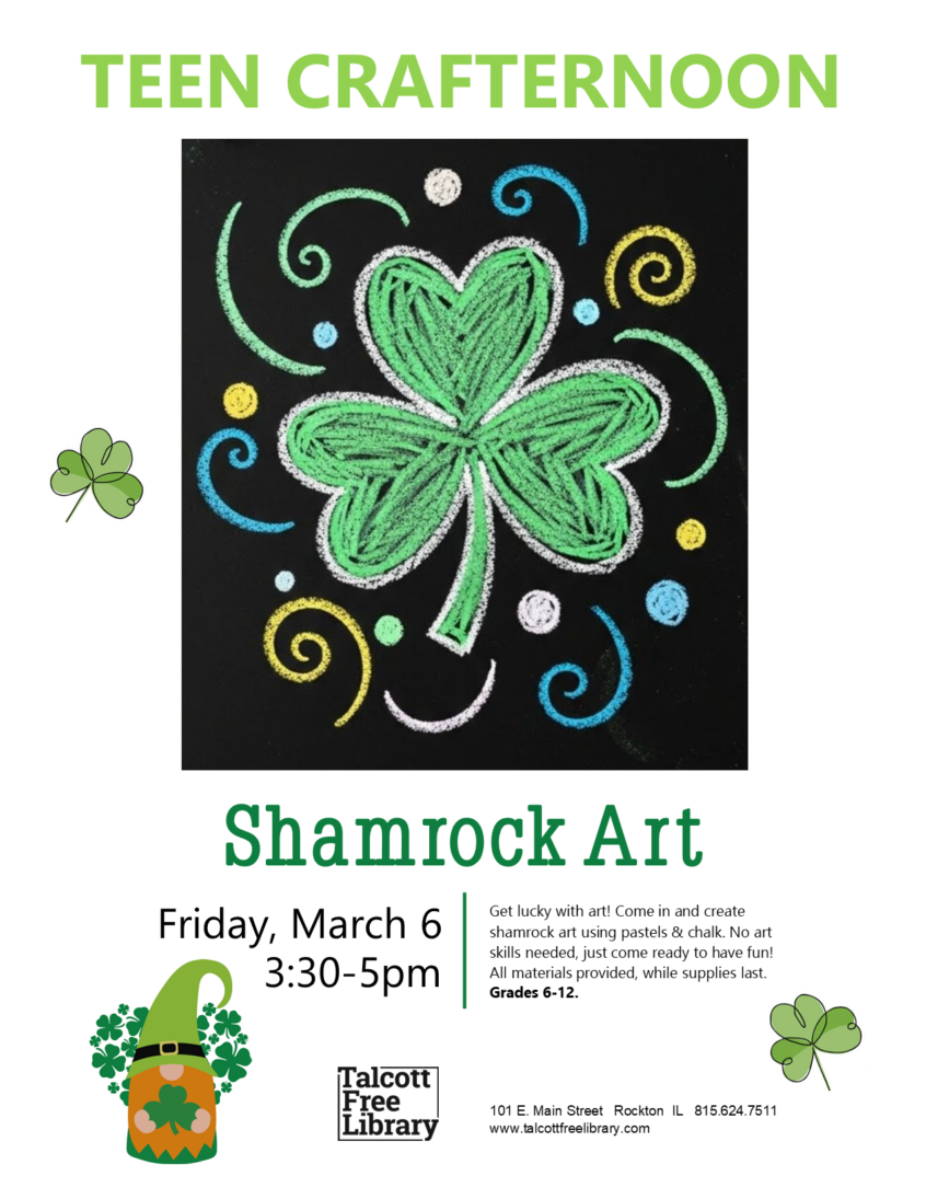 An image of a green shamrock with swirls and polka dots on a black background. Text repeated in caption.