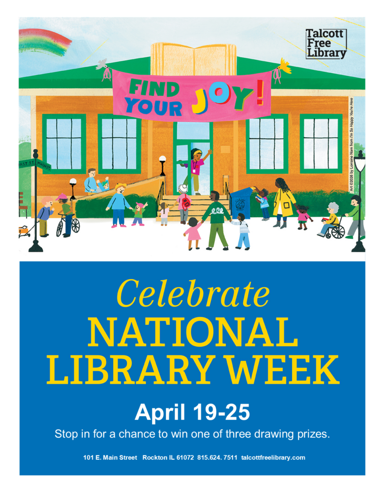 An image of a crowd of cartoon people gathered around a library. Text copied in the caption below.
