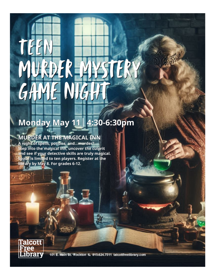 An image of a male wizard surrounded by books and potions holding a flask with a green liquid over a boiling caldron. Text repeated in caption below.