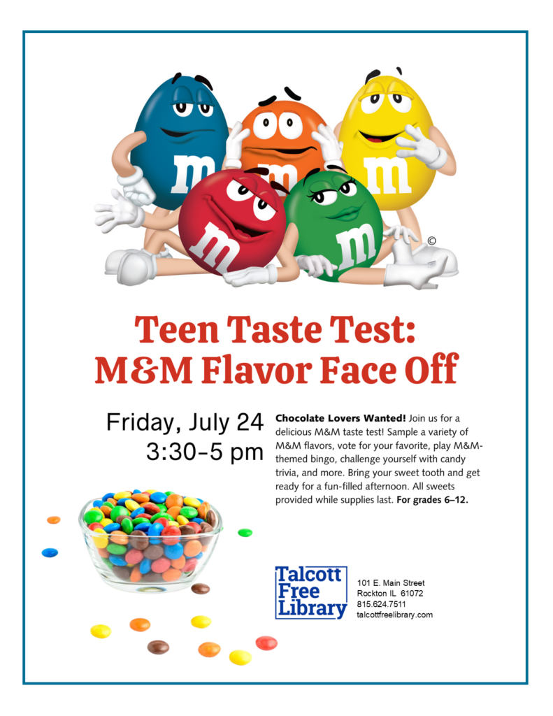 Cartoon image of the five original M&M colors: blue, orange, yellow, red, and green with a bowl on M&Ms in the corner. Text copied in caption below.