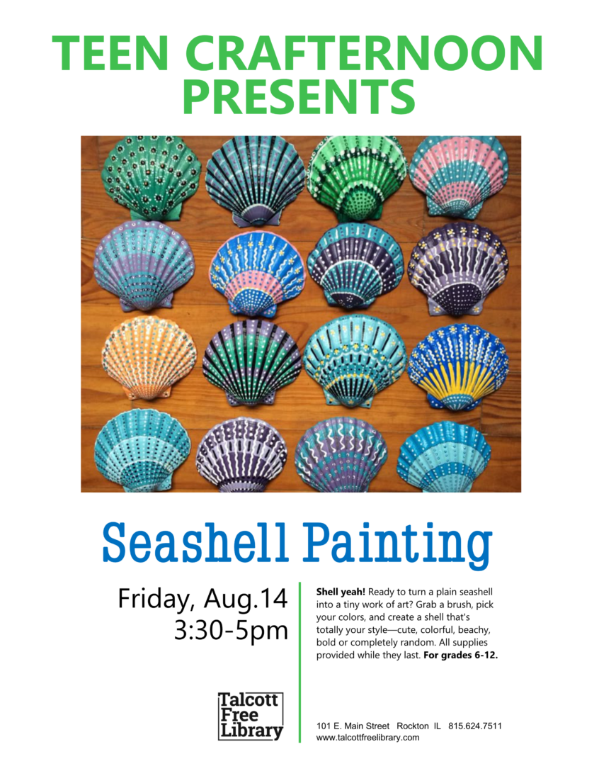 The words Teen Crafternoon Presents over images of brightly colored painted sea shells. Text copied in caption below.