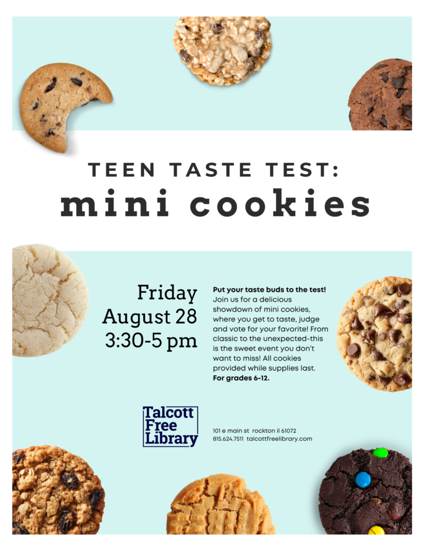 the words Teen Taste Test: Mini Cookies over images of a variety of cookies around the border. Text copied in caption below.