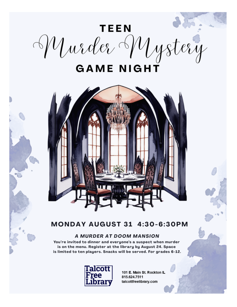 Teen Murder Mystery Game Night over An image of gothic style dining room over table and chairs in a Victorian house. Text copied in caption below.