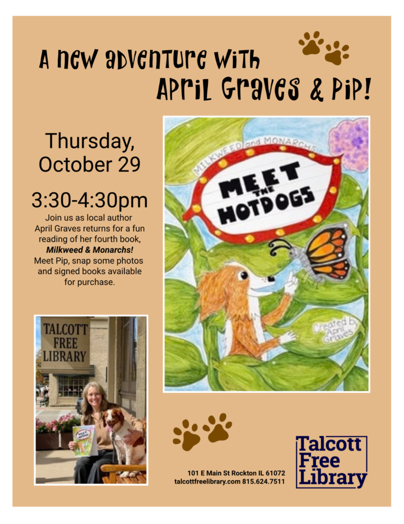 An image of author April Graves' illustration of her dog Pip and a monarch butterfly and a photo of April and her dog, Pip. Text copied in caption below.