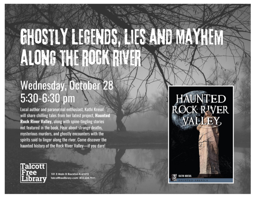 A background of spooky trees along a lake with a book of Haunted Rock River Valley. Text copied in caption below.