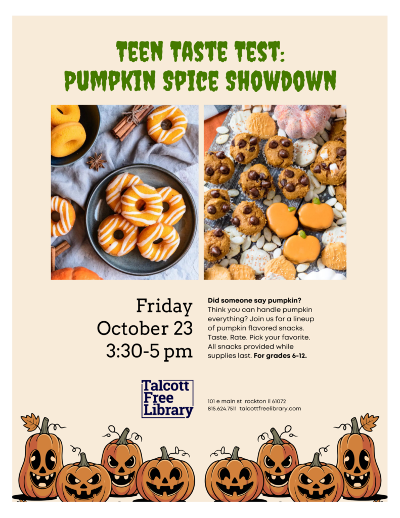An image of various pumpkin spiced sweets with images of jack-o-lanterns. Text copied in caption below.