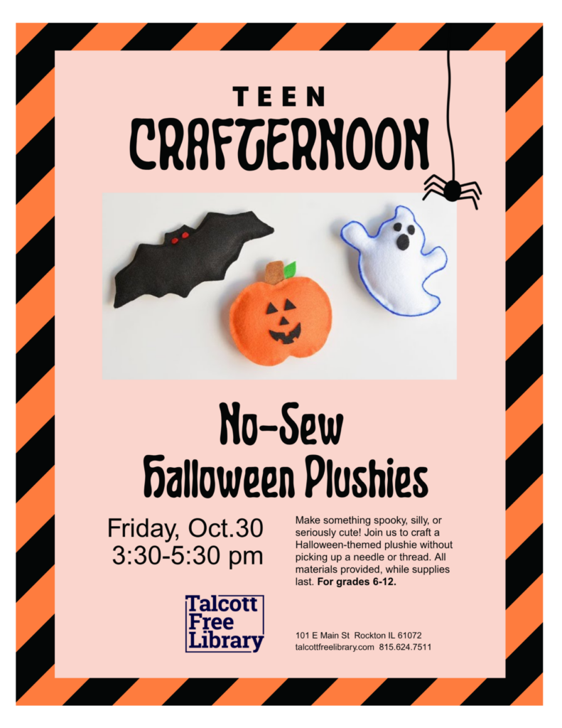 An image of a plush bat, jack-o'-lantern, and a ghost against an orange background with. Text copied in caption below.